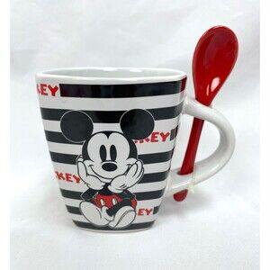 Disney Black White Stripe Mickey Mouse Coffee Mug Cup Spoon Attached Jerry Leigh